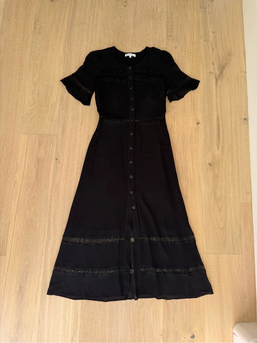 Reformation Black Button-Front Midi Dress with Lace Trim - Picture 1 of 3